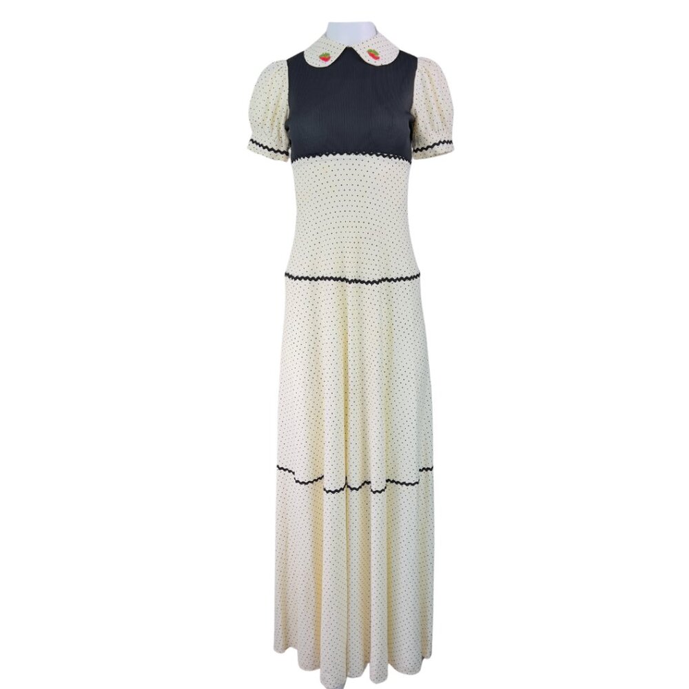 Vintage Cream and Black Floor Length Dress with Strawberries